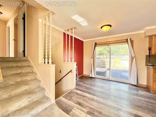 8588 Tim Tam Trl, Flushing, MI 48433 - staircase featuring wood finished floors and crown molding