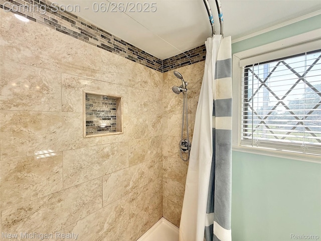 8588 Tim Tam Trl, Flushing, MI 48433 - bathroom with a tile shower and crown molding