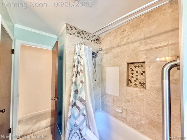 8588 Tim Tam Trl, Flushing, MI 48433 - bathroom with ornamental molding and shower / tub combo