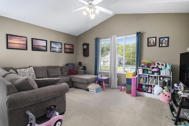 613 Silver Birch St, Howard City, MI 49329 - living area featuring carpet, ceiling fan, and vaulted ceiling