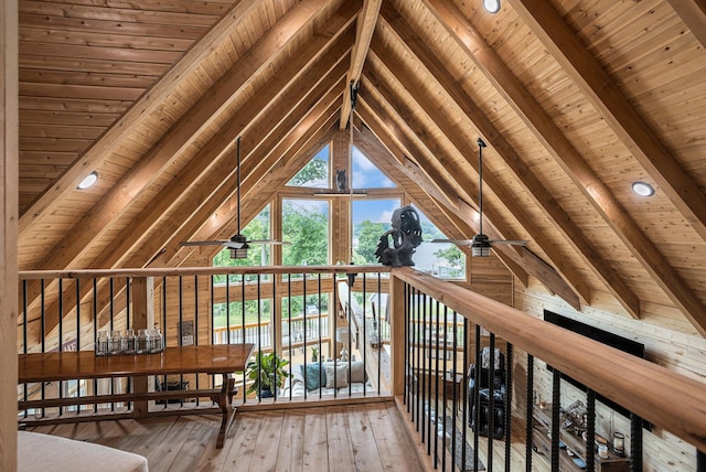 12349 N Sherman Lake Dr, Augusta, MI 49012 - unfurnished room featuring wooden ceiling, a ceiling fan, and wood-type flooring