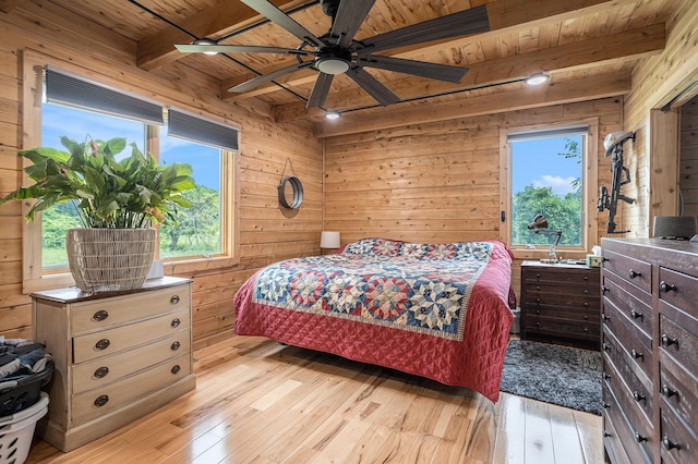 12349 N Sherman Lake Dr, Augusta, MI 49012 - bedroom featuring a wood ceiling with exposed beams, light wood finished floors, multiple windows, and wood walls