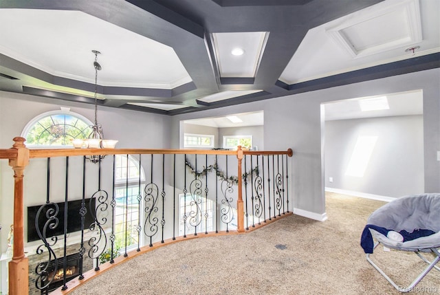 7471 Brewer Rd, Flint, MI 48507 - hall with crown molding, carpet flooring, coffered ceiling, and beamed ceiling