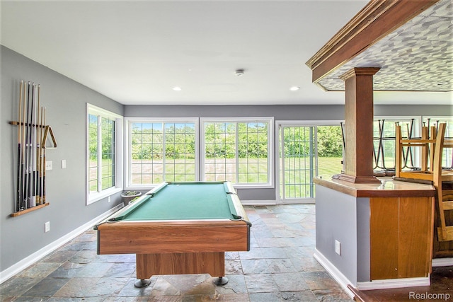 7471 Brewer Rd, Flint, MI 48507 - game room with ornate columns, stone tile flooring, pool table, and recessed lighting