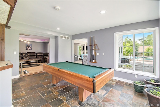 7471 Brewer Rd, Flint, MI 48507 - rec room with stone tile floors, billiards, and recessed lighting