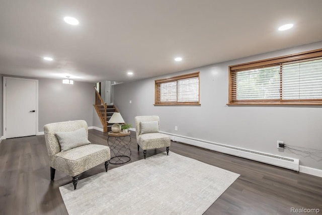 4290 Frostwood, Troy, MI 48098 - living area with a baseboard heating unit, dark wood finished floors, stairway, and recessed lighting