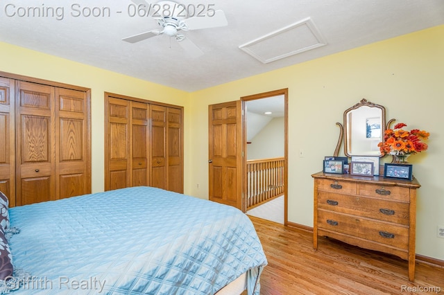 8123 Baypointe Dr, Brighton, MI 48114 - bedroom with attic access, light wood finished floors, two closets, and ceiling fan