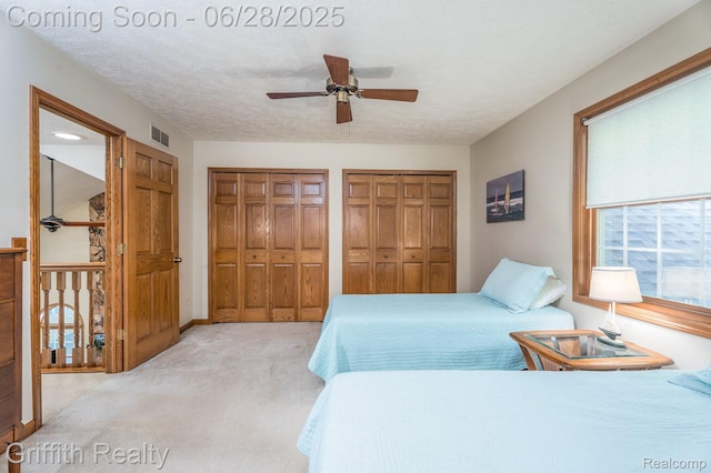 8123 Baypointe Dr, Brighton, MI 48114 - bedroom featuring light carpet, two closets, and a ceiling fan