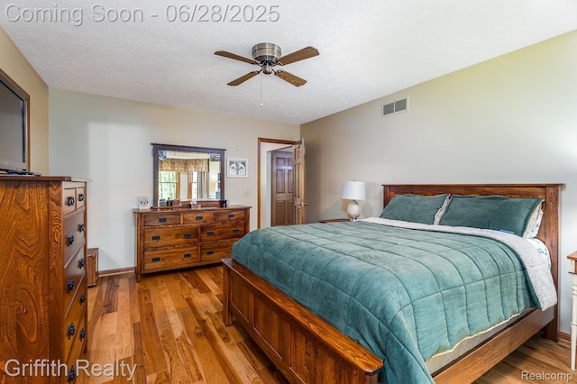 8123 Baypointe Dr, Brighton, MI 48114 - bedroom with light wood finished floors, a textured ceiling, and a ceiling fan