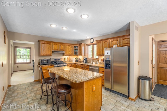 8123 Baypointe Dr, Brighton, MI 48114 - kitchen featuring stainless steel appliances, under cabinet range hood, brown cabinets, a center island, and light stone counters