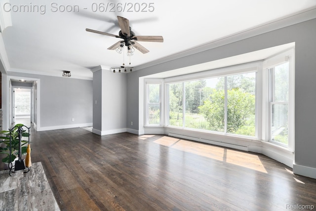 2905 Lahser Rd, Bloomfield Hills, MI 48304 - empty room featuring a baseboard radiator, plenty of natural light, dark wood-style flooring, and crown molding