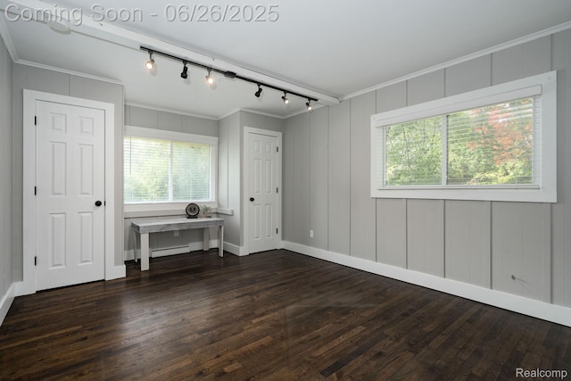 2905 Lahser Rd, Bloomfield Hills, MI 48304 - unfurnished bedroom with rail lighting, dark wood finished floors, multiple windows, and ornamental molding