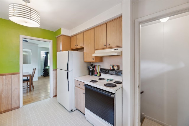 13210 Tecumseh Ave, Redford, MI 48239 - kitchen with white appliances, under cabinet range hood, light countertops, pendant lighting, and light brown cabinetry