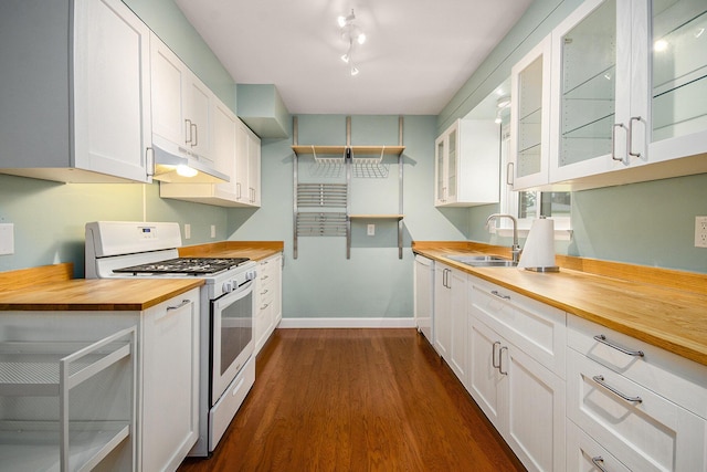 1621 Whittier Rd, Ypsilanti, MI 48197 - kitchen with white appliances, wooden counters, under cabinet range hood, dark wood-style flooring, and white cabinetry