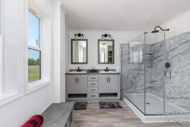 19150 Yankee Rd, Morley, MI 49336 - full bath featuring plenty of natural light, double vanity, a marble finish shower, wood finished floors, and crown molding