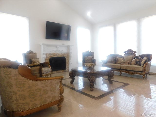 41431 Tarragon Dr, Sterling Heights, MI 48314 - tiled living area featuring lofted ceiling and a high end fireplace