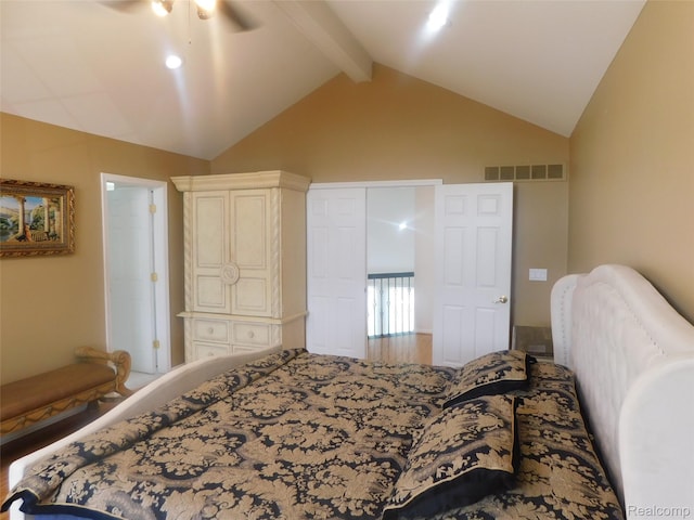 41431 Tarragon Dr, Sterling Heights, MI 48314 - bedroom with beam ceiling, high vaulted ceiling, and a ceiling fan