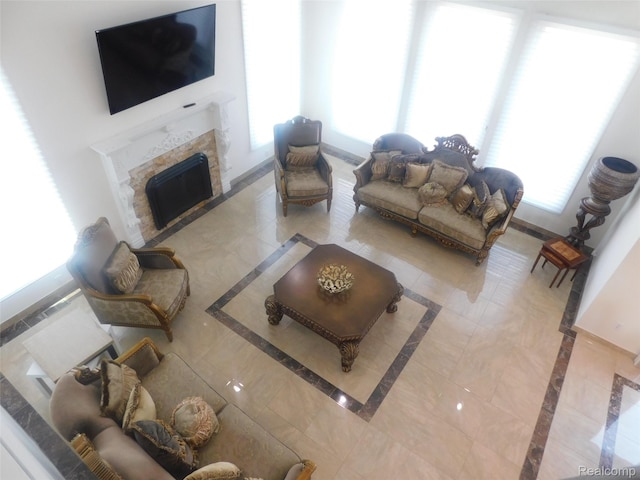 41431 Tarragon Dr, Sterling Heights, MI 48314 - living room with inlaid floor details and a fireplace