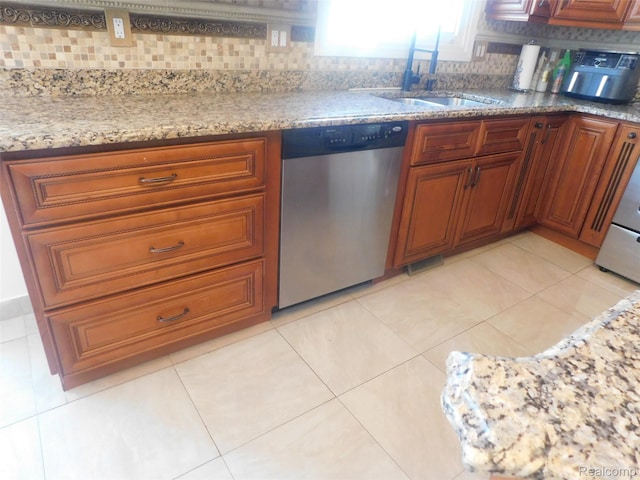 41431 Tarragon Dr, Sterling Heights, MI 48314 - kitchen featuring stainless steel dishwasher, backsplash, brown cabinets, and light stone countertops