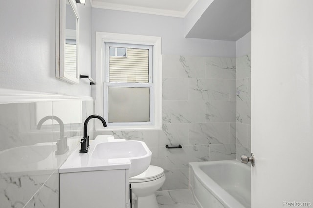 2856 Academy St, Dearborn, MI 48124 - full bathroom featuring marble finish floors, vanity, ornamental molding, and tile walls