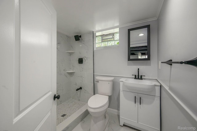 2856 Academy St, Dearborn, MI 48124 - bathroom with vanity, marble look tiles, tiled shower, and crown molding