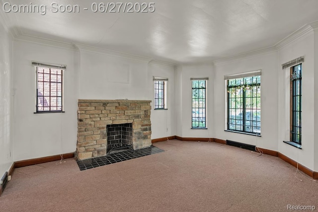 2675 Fleet St, Detroit, MI 48238 - unfurnished living room with carpet flooring, a stone fireplace, and crown molding