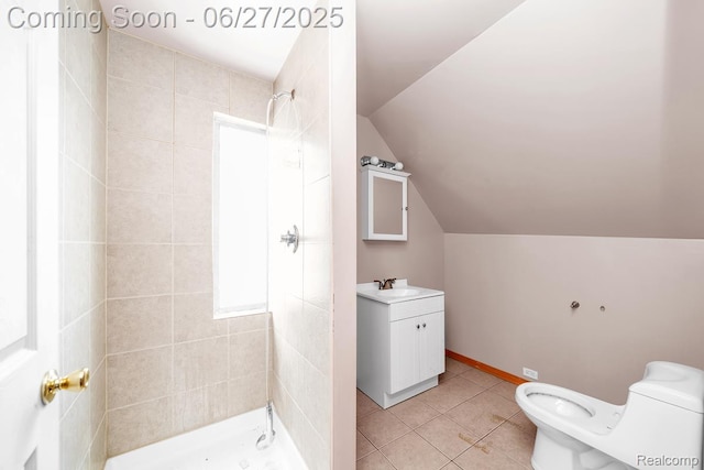 2675 Fleet St, Detroit, MI 48238 - full bath featuring a stall shower, lofted ceiling, tile patterned floors, and vanity