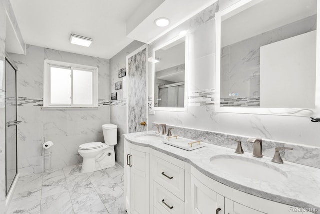 14717 Dane Ct, Sterling Heights, MI 48312 - bathroom featuring double vanity, a marble finish shower, and marble finish flooring