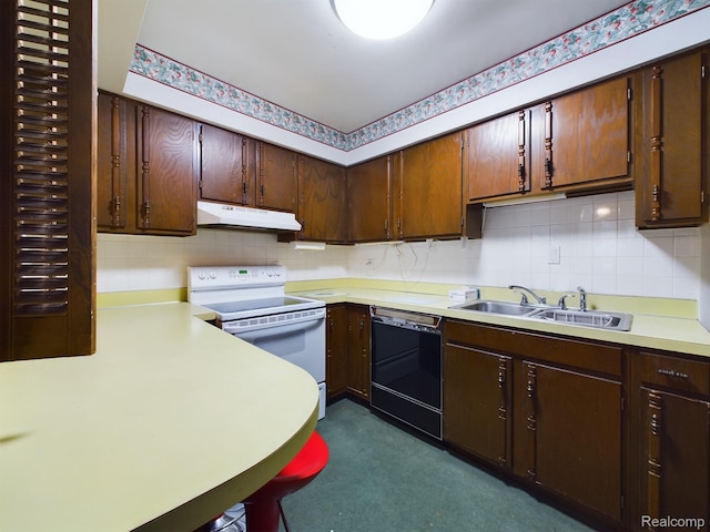 1023 Normandy Terrace Dr, Flint, MI 48532 - kitchen featuring dishwasher, under cabinet range hood, white electric range oven, backsplash, and light countertops