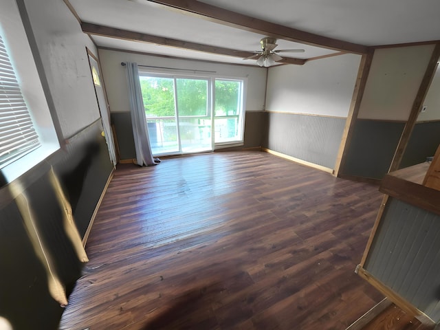 2715 Garfield Rd, Remus, MI 49340 - empty room featuring wainscoting, a ceiling fan, wood finished floors, and beamed ceiling