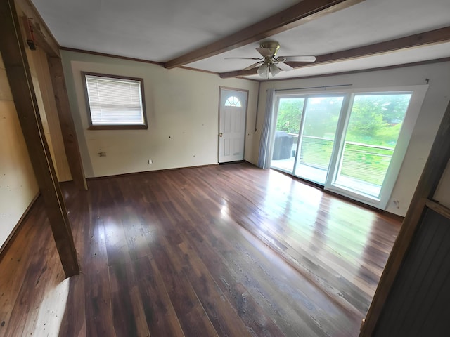 2715 Garfield Rd, Remus, MI 49340 - unfurnished living room featuring wood finished floors, ceiling fan, and beamed ceiling