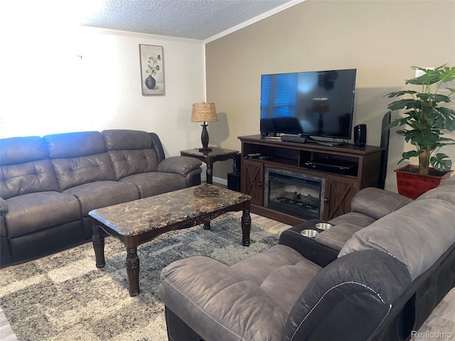 43251 Bonaparte, Sterling Heights, MI 48314 - living room with crown molding, wood finished floors, and a textured ceiling