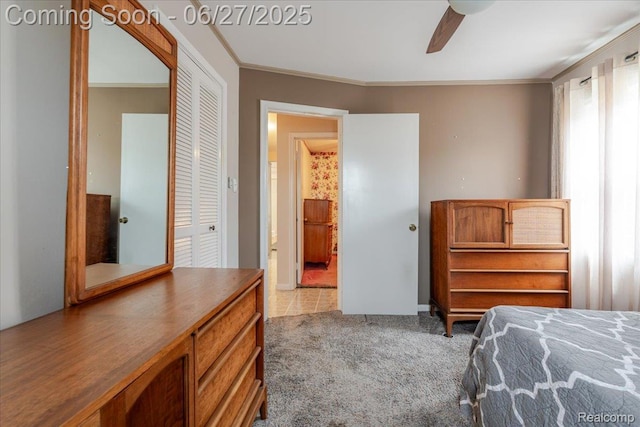 14711 Paris St, Allen Park, MI 48101 - carpeted bedroom with crown molding, ceiling fan, and a closet