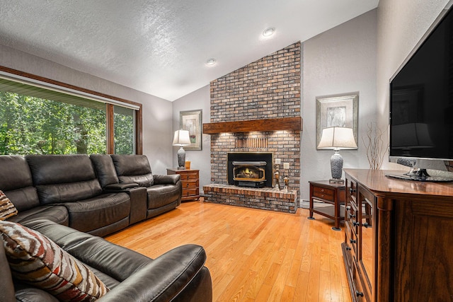 4234 N 2nd St, Kalamazoo, MI 49009 - living area with vaulted ceiling, light wood-type flooring, a fireplace, and a textured ceiling