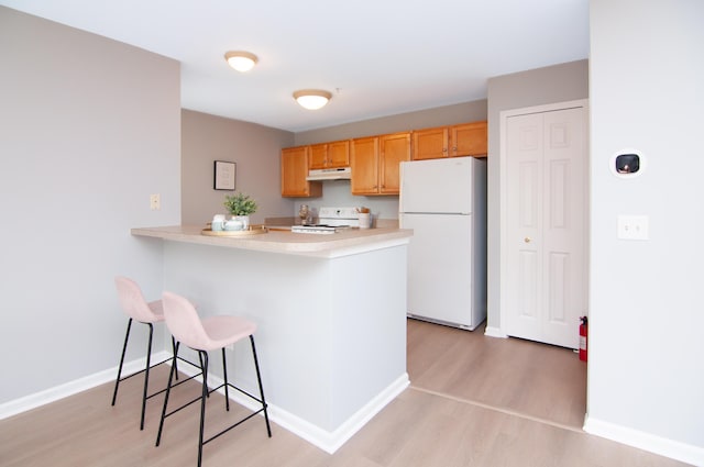 2769 Barclay Way, Ann Arbor, MI 48105 - kitchen with white appliances, under cabinet range hood, light wood-style flooring, a breakfast bar, and light countertops