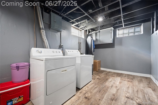 24585 Johnston Ave, Eastpointe, MI 48021 - washroom with independent washer and dryer, light wood-type flooring, and electric panel
