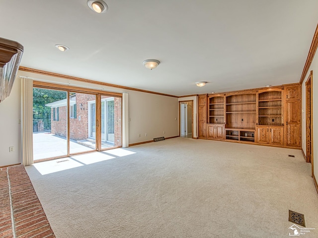 255 Maywood Ave, Monroe, MI 48162 - unfurnished living room with light colored carpet, ornamental molding, and built in shelves