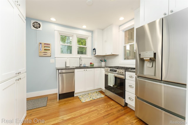 904 Michigan Ave, East Lansing, MI 48823 - kitchen with stainless steel appliances, dark countertops, light wood-type flooring, white cabinets, and backsplash