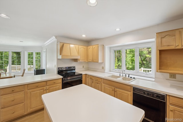 4270 Argenta Dr, Brighton, MI 48116 - kitchen featuring black dishwasher, range with electric cooktop, custom exhaust hood, light brown cabinetry, and plenty of natural light