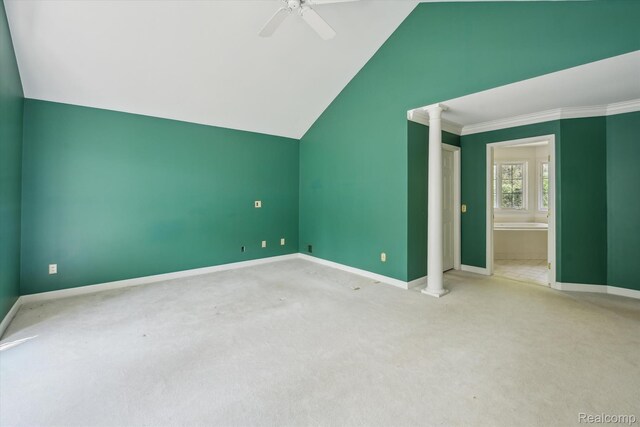 4270 Argenta Dr, Brighton, MI 48116 - additional living space featuring lofted ceiling, ceiling fan, carpet floors, and ornate columns
