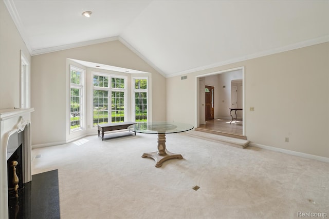 4270 Argenta Dr, Brighton, MI 48116 - unfurnished room with carpet flooring, crown molding, a fireplace with flush hearth, and lofted ceiling