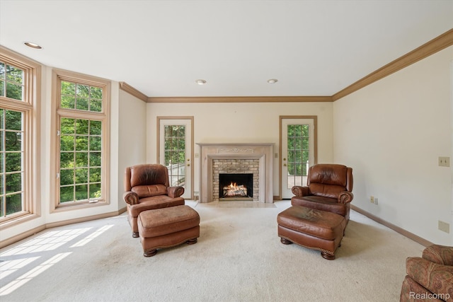 4270 Argenta Dr, Brighton, MI 48116 - carpeted living room with a fireplace and crown molding