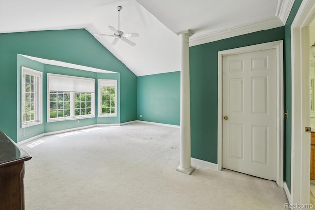 4270 Argenta Dr, Brighton, MI 48116 - bonus room with a ceiling fan, carpet floors, vaulted ceiling, and decorative columns