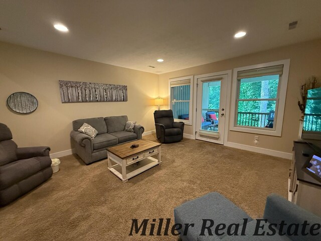 618 Riverwalk St, Hastings, MI 49058 - carpeted living room featuring baseboards and recessed lighting