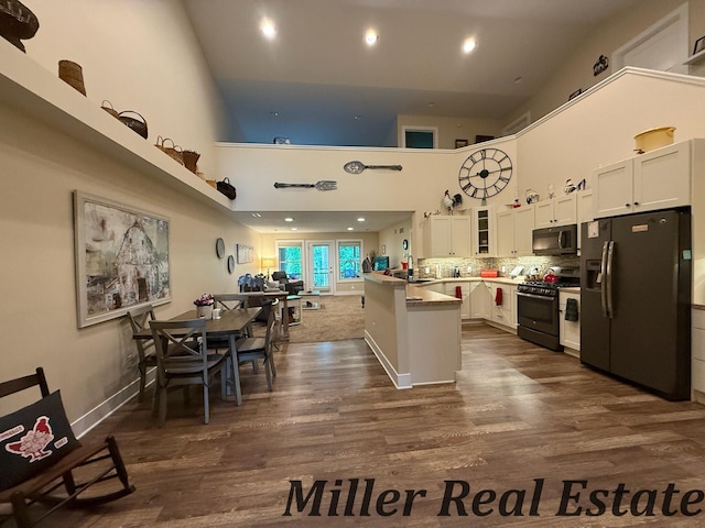 618 Riverwalk St, Hastings, MI 49058 - kitchen featuring stainless steel appliances, a high ceiling, dark wood-type flooring, glass insert cabinets, and a peninsula