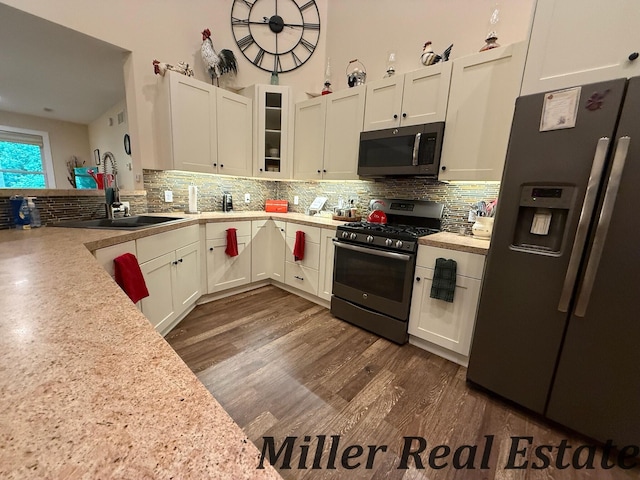 618 Riverwalk St, Hastings, MI 49058 - kitchen featuring stainless steel appliances, backsplash, light countertops, and dark wood-style flooring
