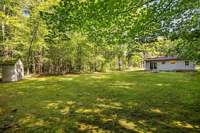 6353 Birchwood Dr, Lake, MI 48632 - view of green lawn featuring a storage shed and a forest view