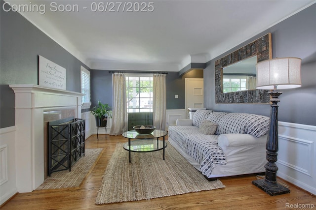 2371 Allard Ave, Grosse Pointe Woods, MI 48236 - living room with a decorative wall, wainscoting, wood finished floors, and a fireplace with flush hearth