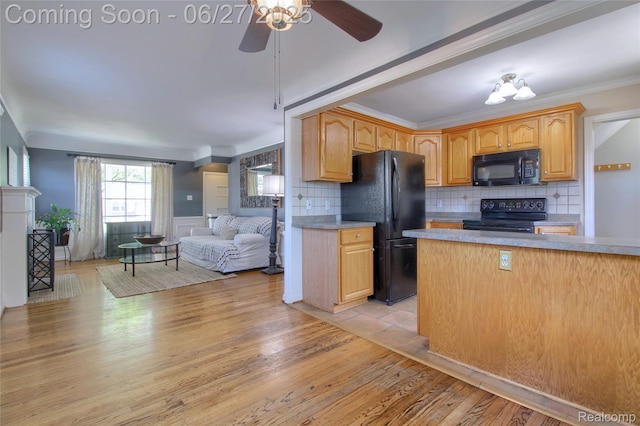 2371 Allard Ave, Grosse Pointe Woods, MI 48236 - kitchen with black appliances, open floor plan, light wood-style floors, a ceiling fan, and backsplash