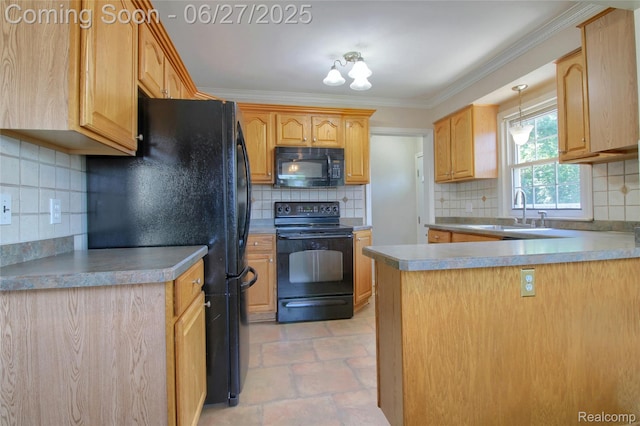 2371 Allard Ave, Grosse Pointe Woods, MI 48236 - kitchen featuring black appliances, light stone finish flooring, tasteful backsplash, a peninsula, and crown molding